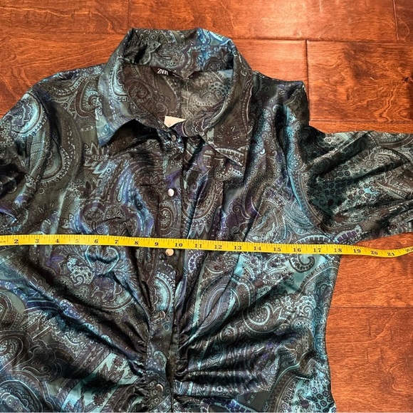 ZARA green satin paisley print ruched shirt dress size large - Picture 5 of 7